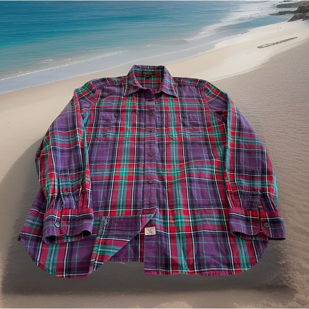 LRL Lauren Jeans Co Purple Plaid Shirt Pockets LS 100% Cotton Ladies Sz Large